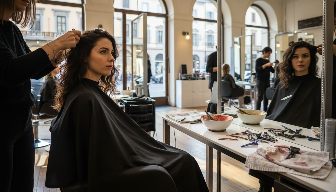 Una giovane donna si fa acconciare i capelli in un salone di bellezza, immersa nell’atmosfera vivace e curata del locale.
