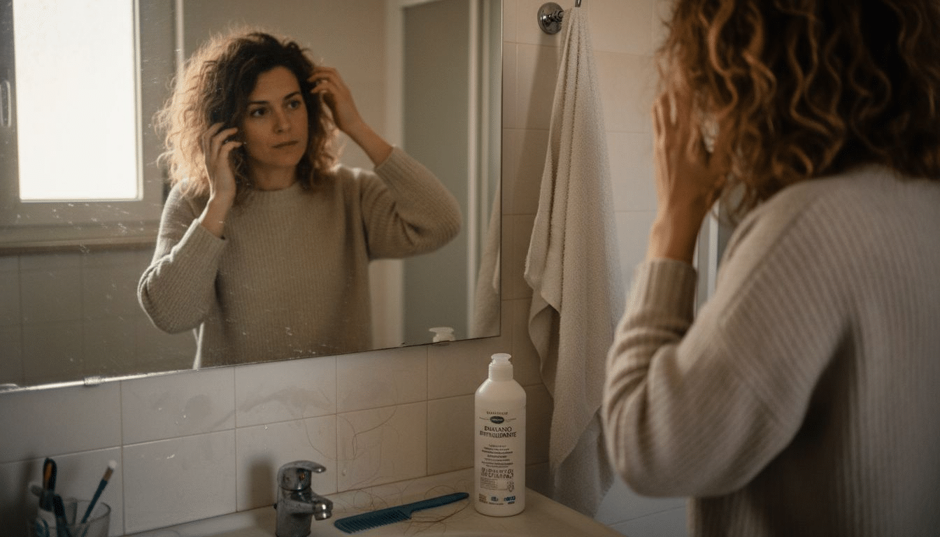 Donna che si guarda allo specchio e si lamenta dei capelli crespi a causa dell’umidità in bagno