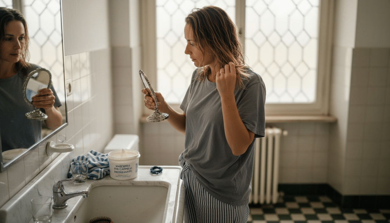 Una donna si prende cura dei suoi capelli secchi davanti al lavandino, controllandoli attentamente per capire di cosa hanno bisogno.