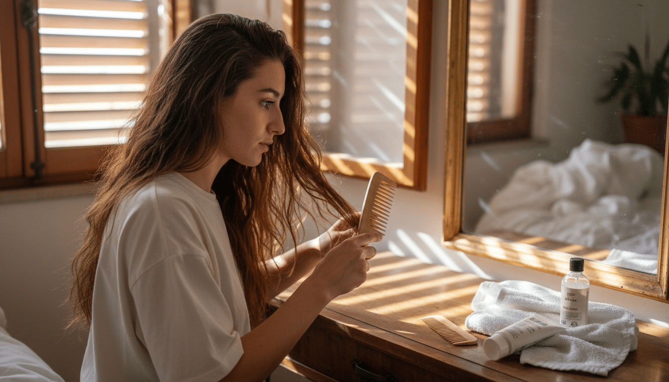 Una donna si pettina i lunghi capelli davanti alla sua toilette, illuminata dalla luce del sole.