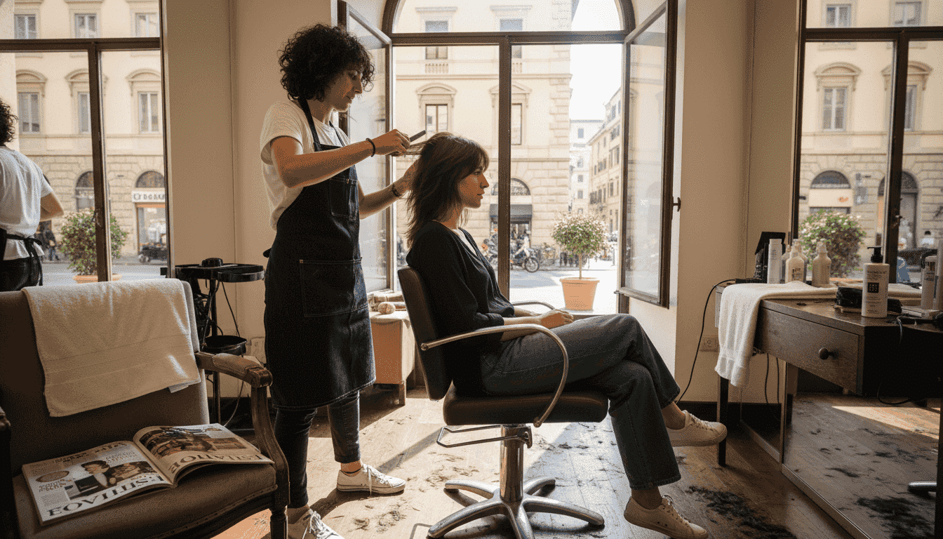 Taglio scalato trendy in un salone di parrucchieri in città