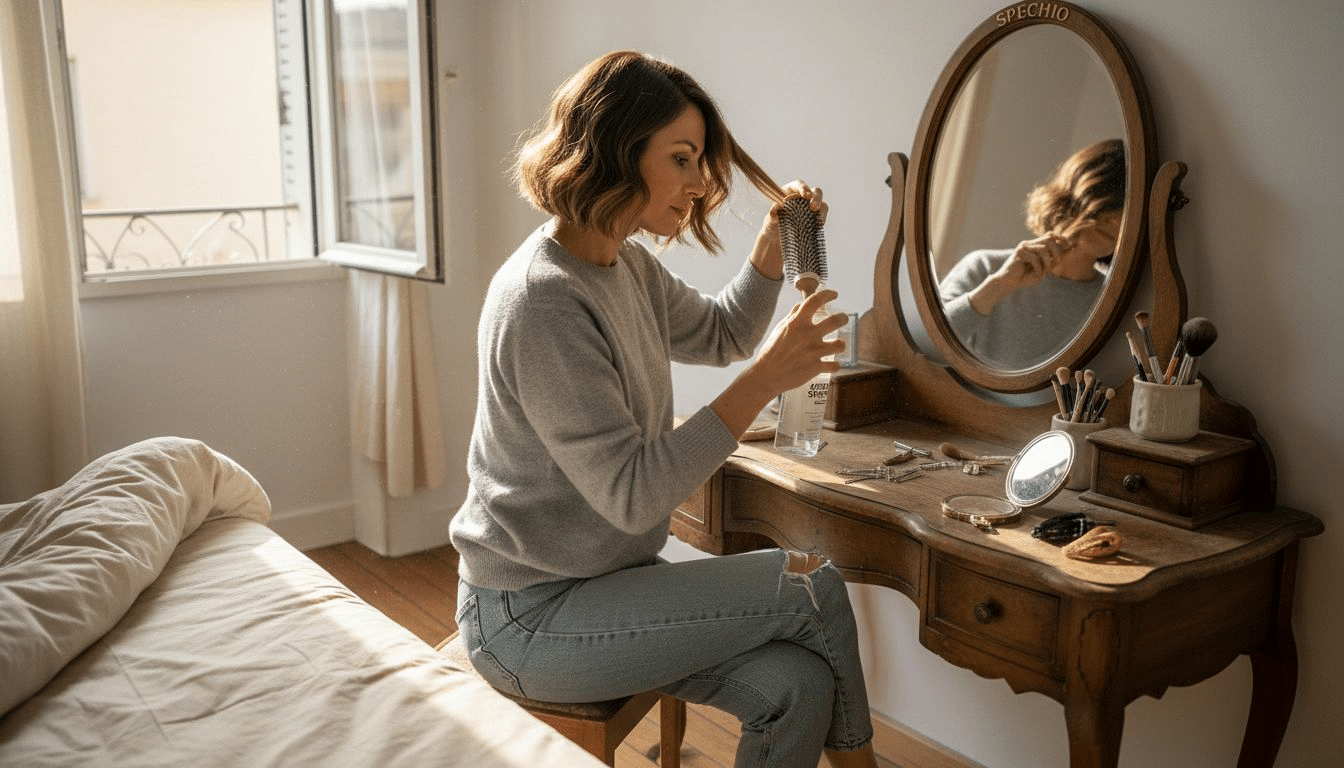 6 Idee di Styling Capelli Corti per Valorizzare il Look Una donna si sistema i capelli corti davanti allo specchio della sua camera da letto.