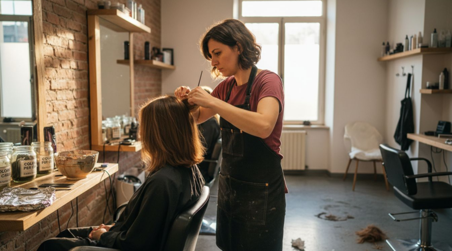 Un hairstylist realizza un balayage in un salone illuminato dalla luce naturale.