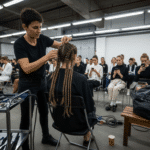 Backstage Moda: Come Nascono I Trend Capelli Un hairstylist sistema l’acconciatura di una modella nel backstage di una sfilata, preparando ogni dettaglio prima che salga in passerella.