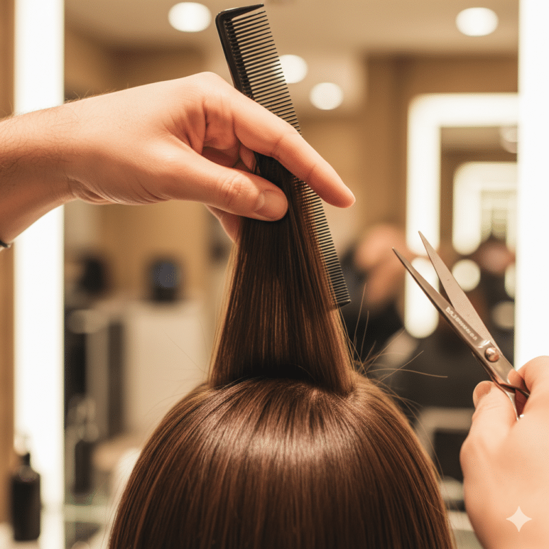 Dettaglio tecnico hairstylist che seziona i capelli a forma di triangolo sulla fronte