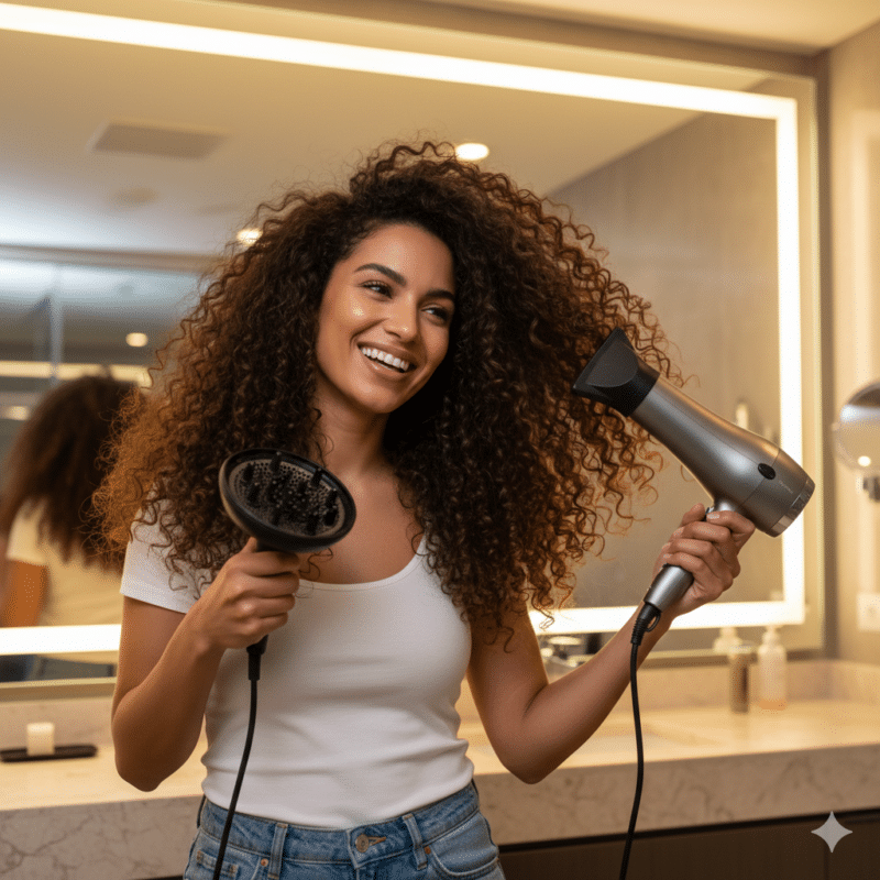 Donna che si asciuga i capelli con un phon professionale e diffusore