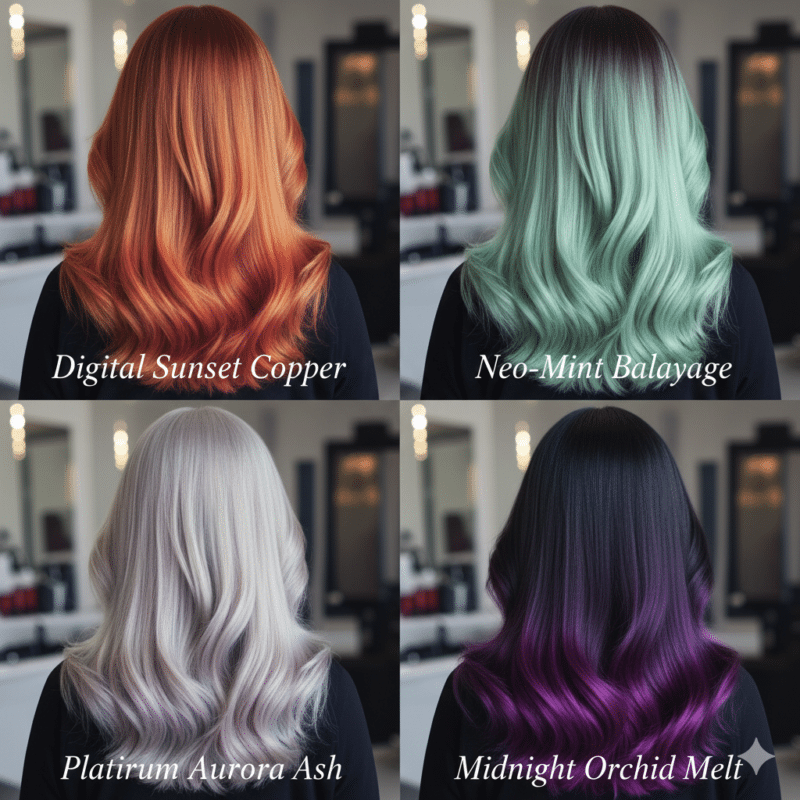 Galleria fotografica tendenze colori capelli 2026 Digital Sunset Copper - Neo-Mint Balayage - Platinum Aurora Ash - Midnight Orchid Melt