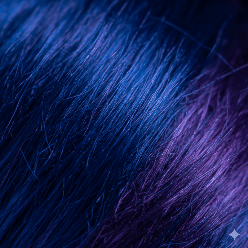 Macro sui capelli che mostrano sfumature blu profondo e viola vellutato