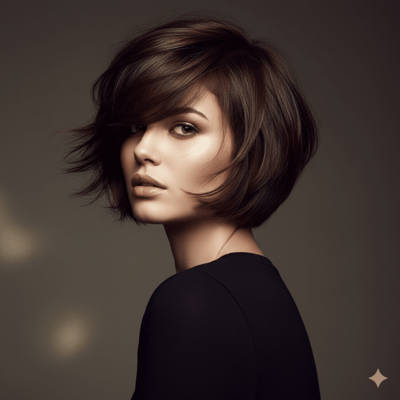 Modella con Bixie Cut castano cioccolato