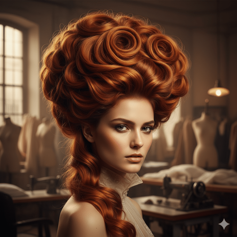 Modella con acconciatura volumetrica stile barocco moderno