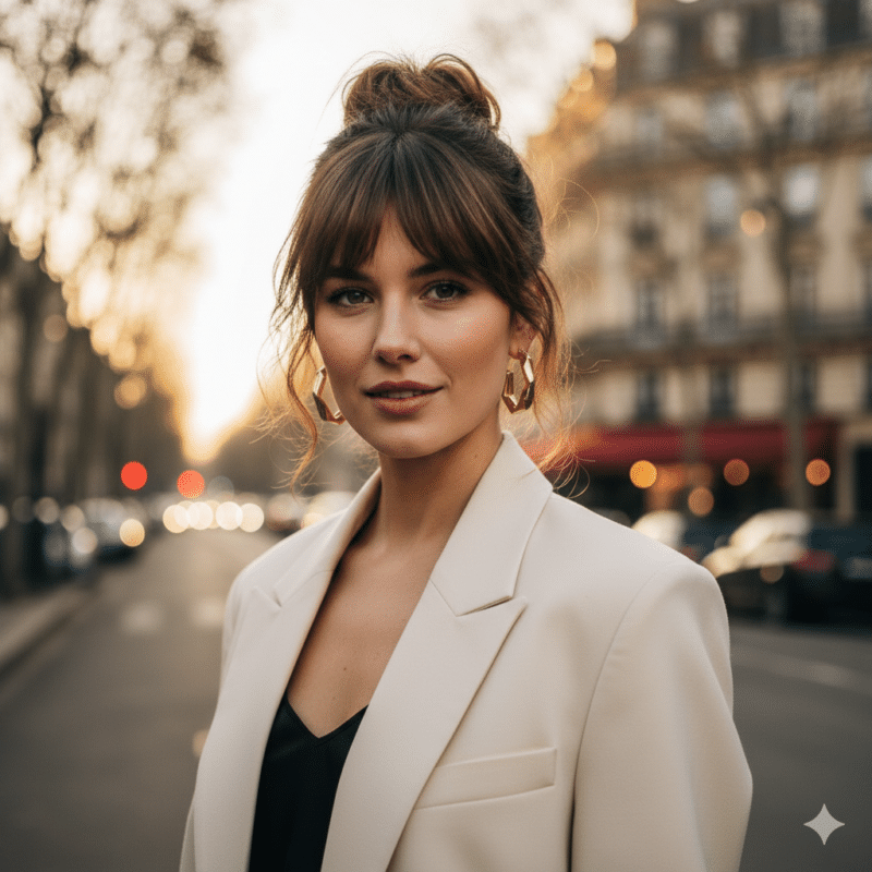 Modella con capelli raccolti chignon disordinato messy bun e frangia a tendina