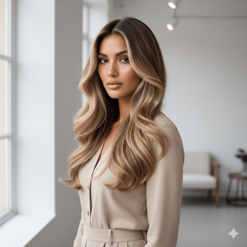 Modella con carnagione olivastra e balayage biondo sabbia