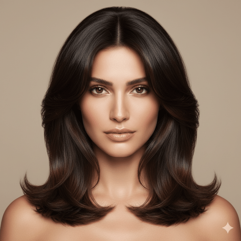 Modella con viso ovale e Butterfly Cut bruno