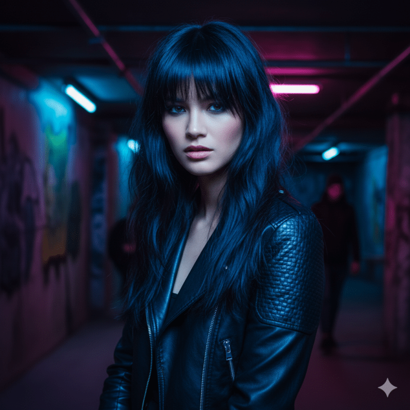 Shag lungo rock-chic capelli neri con riflessi blu profondi