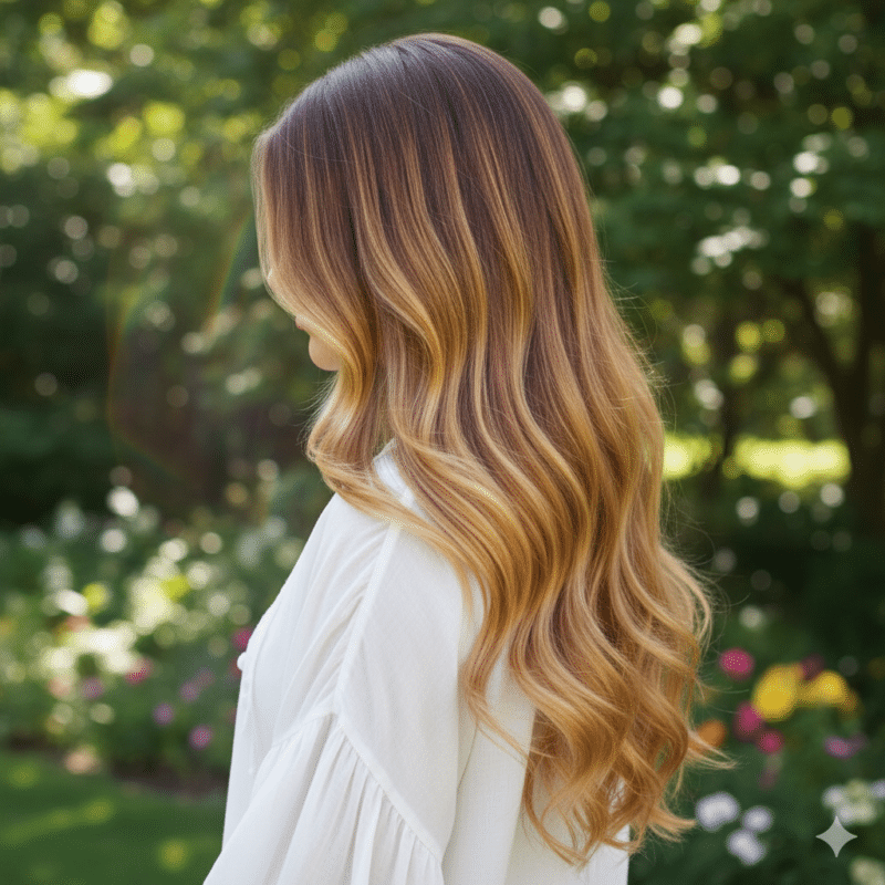 balayage sfumato dal castano al caramello dorato capelli lunghissimi e mossi
