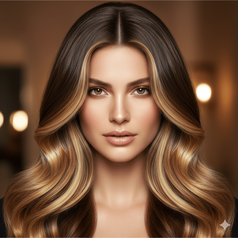 capelli lunghi castano scuro e ciocche bionde brillanti intorno al viso Money Piece