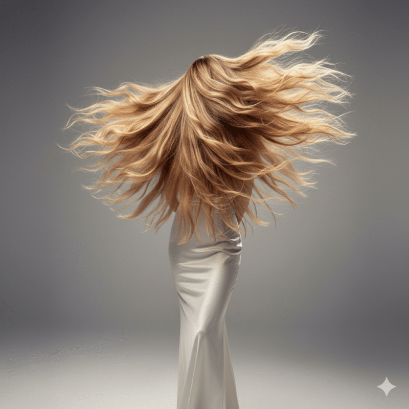 capelli lunghissimi e scalati in modo fluido biondo sabbia con riflessi dorati