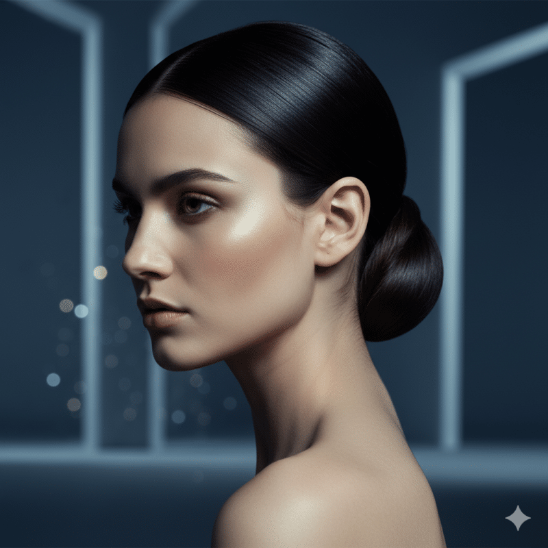 chignon basso perfetto e capelli lucidi effetto specchio Glass Hair