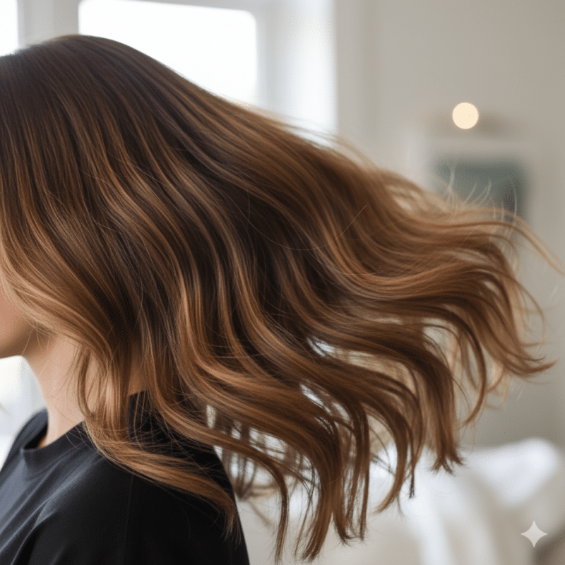 chioma castana con sfumature sabbia tecnica ghost layering