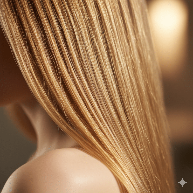 ciocche di capelli sani e lucenti che cadono su una spalla