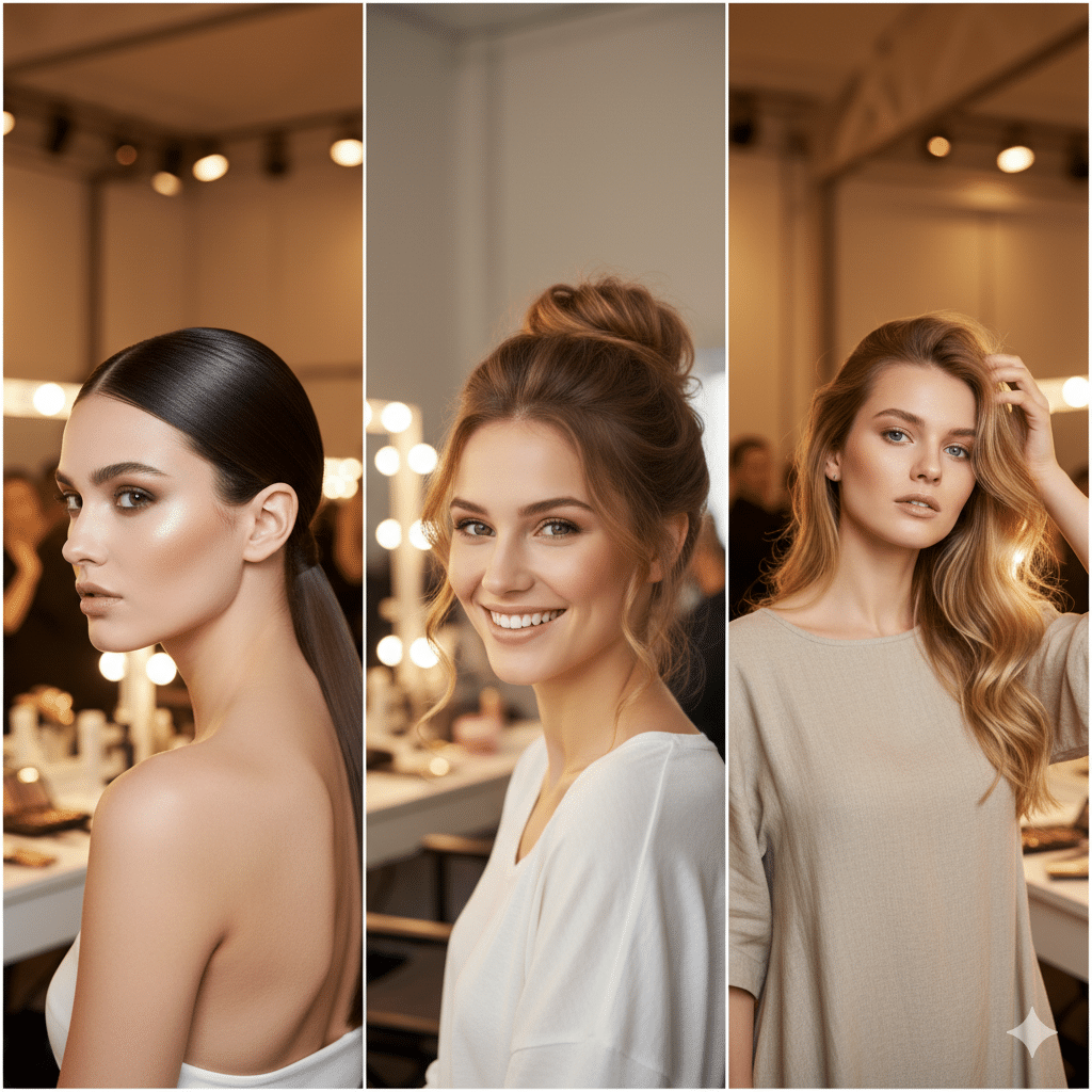 collage di tre acconciature diverse Sleek Pony Messy Bun e Onde naturali