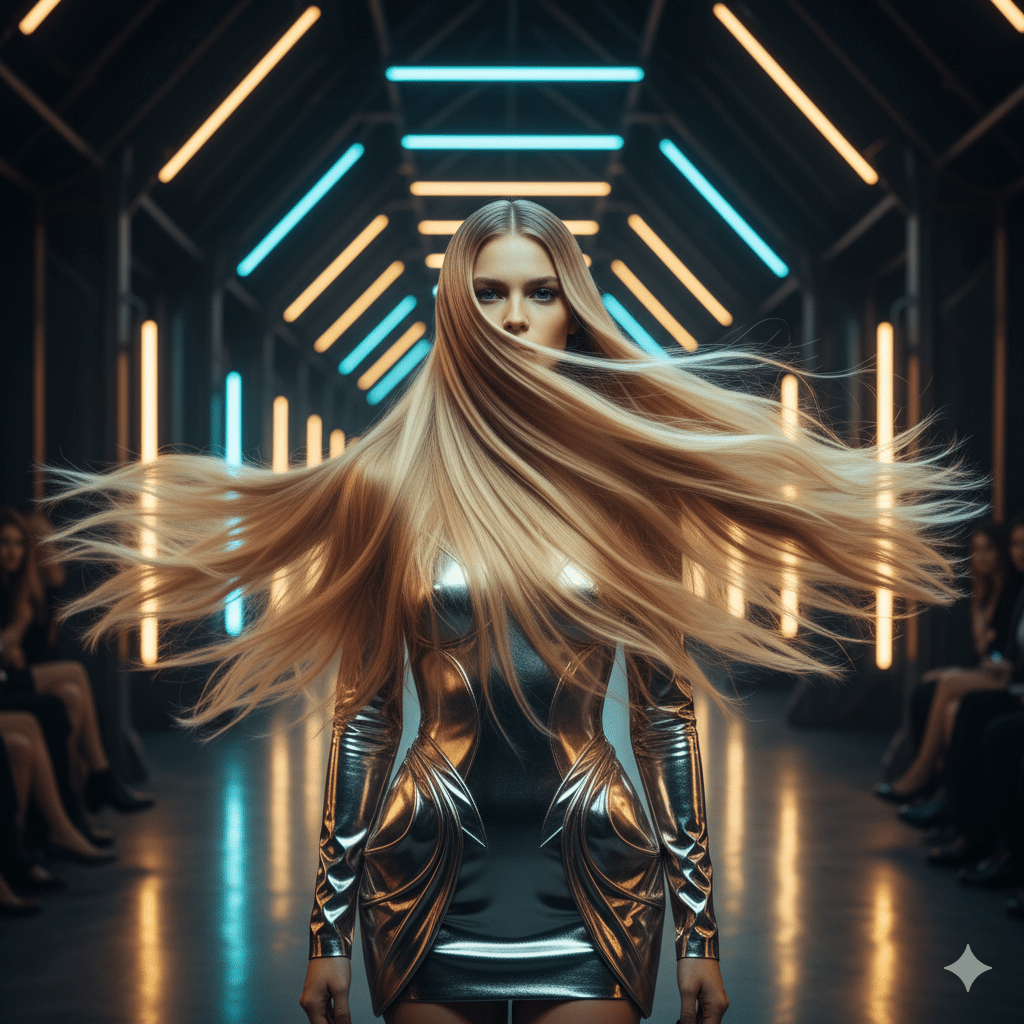 essenza delle tendenze 2026 modella con capelli lunghi in stile Liquid Gold