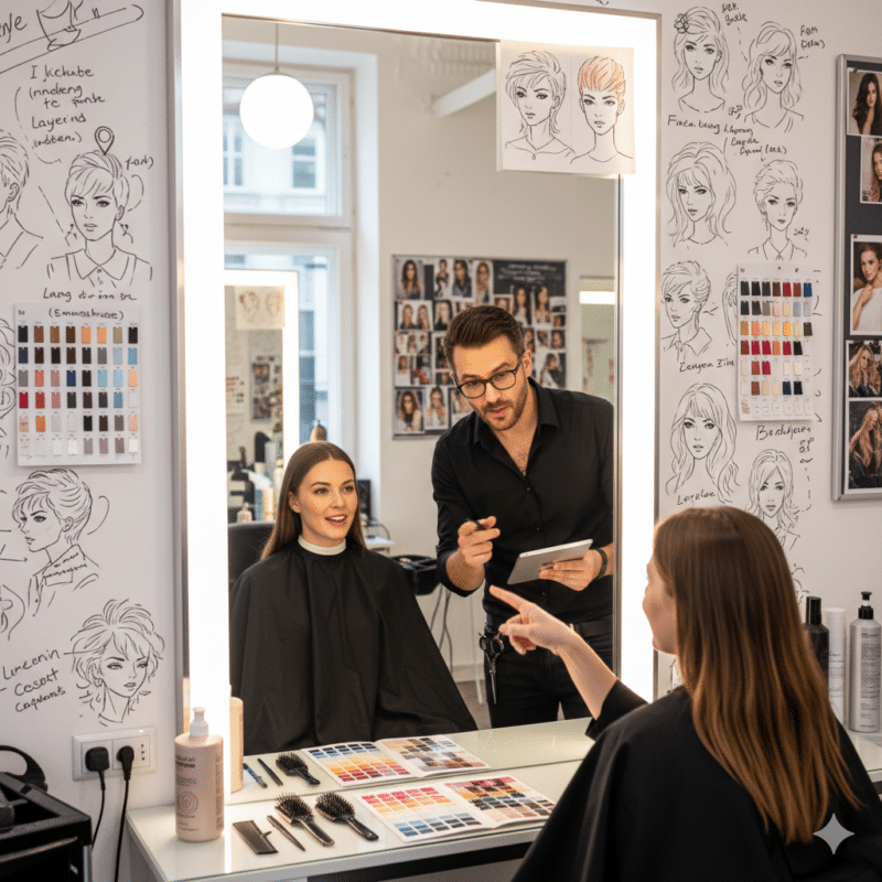 hair stylist e una cliente che parlano animatamente davanti a uno specchio