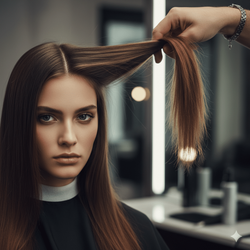 hair stylist solleva una ciocca dei suoi capelli lunghi per iniziare un taglio radicale