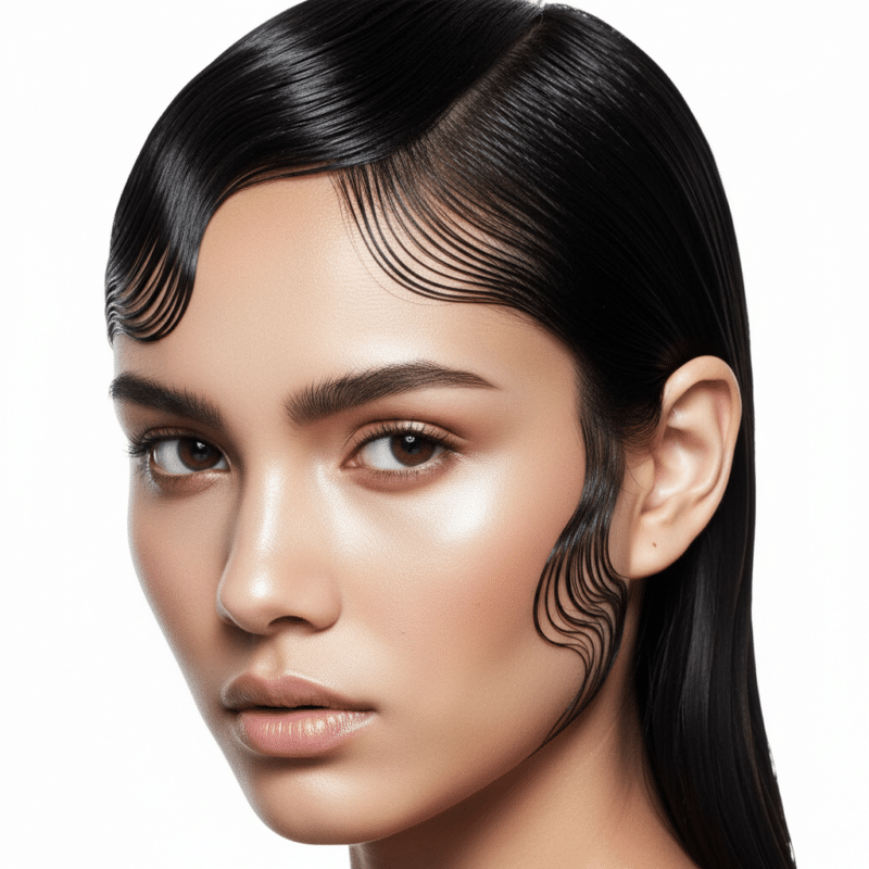 modella con styling Wet Look scultoreo onde piatte geometriche sulla fronte