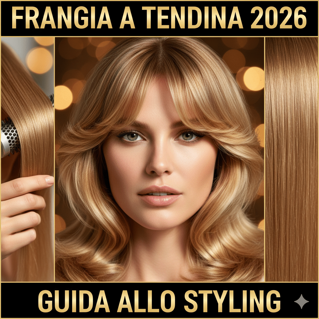 modella con una frangia a tendina bionda perfetta e voluminosa