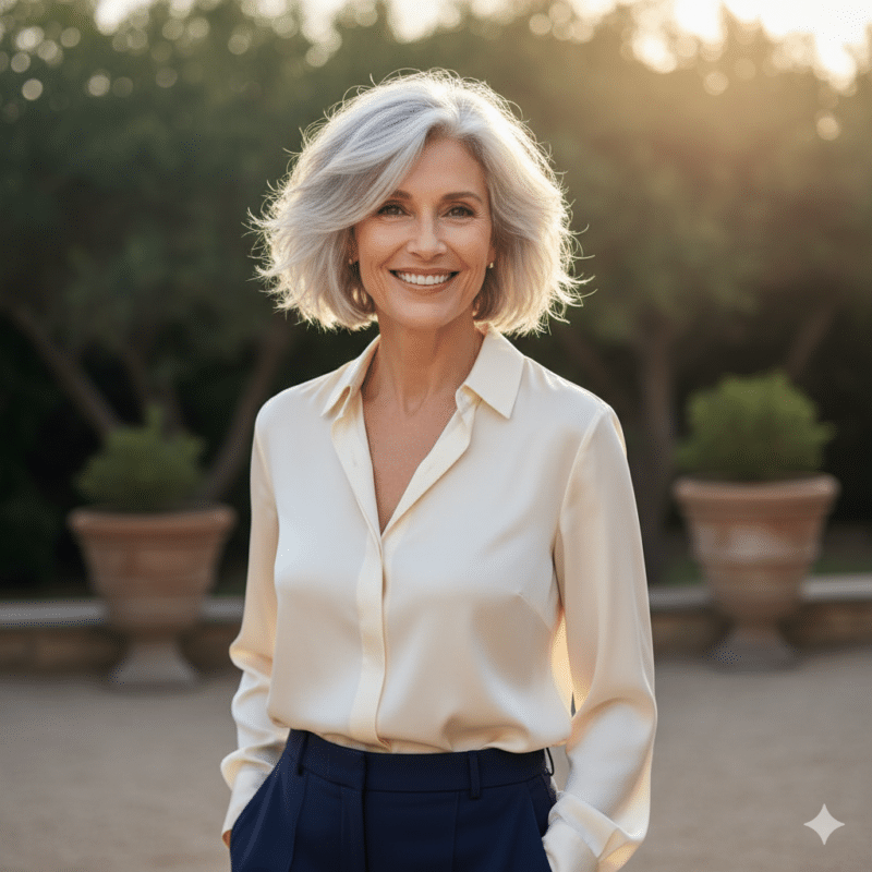 modella over 50 con Bixie Cut grigio perla naturale