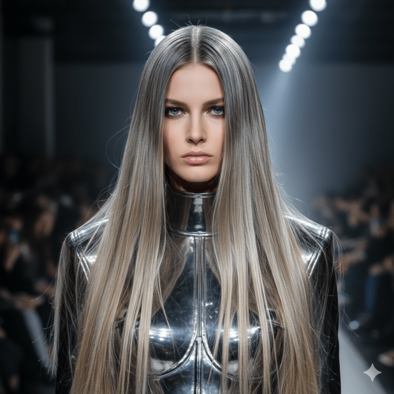 modella su passerella capelli lunghi con styling Liquid Silk