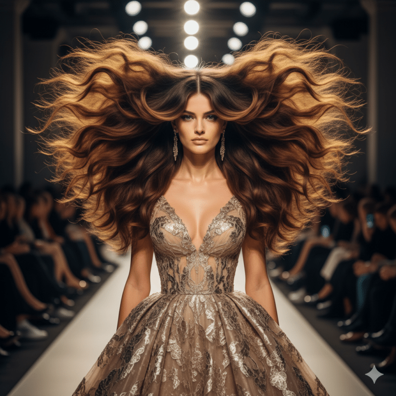taglio Butterfly Cut voluminoso capelli castano cioccolato con sfumature caramello