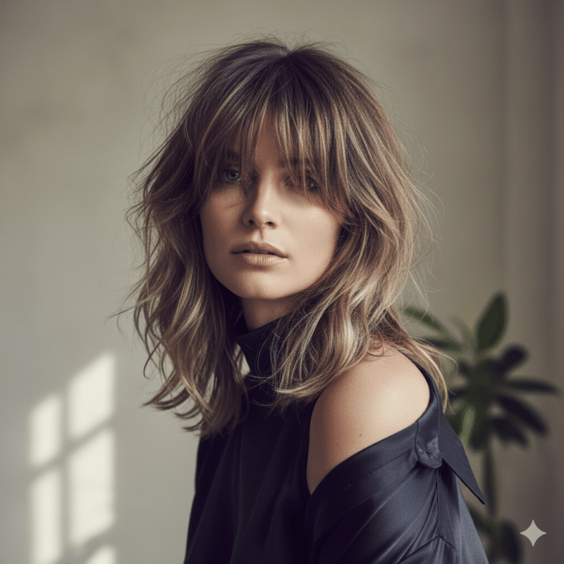 taglio medio shaggy capelli mossi e frangia a tendina
