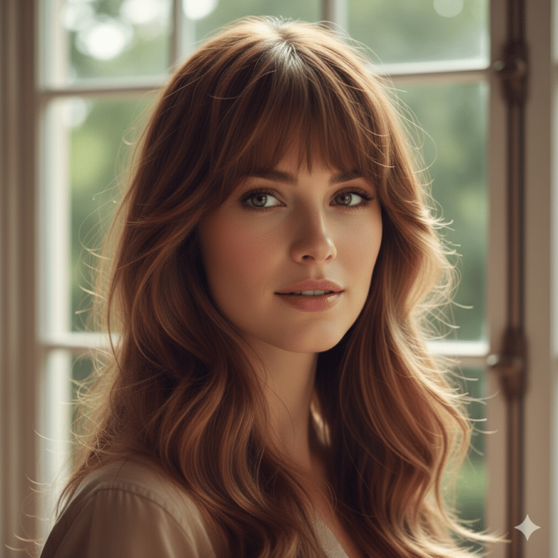viso femminile incorniciato da Birkin Bangs leggere e capelli lunghi