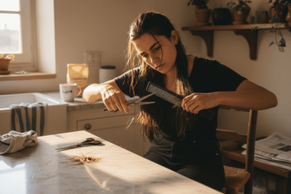 Una donna si prepara a tagliare i capelli lunghi da sola, direttamente a casa.