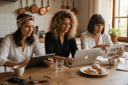Un gruppo di donne sedute attorno al tavolo della cucina, immerse nella ricerca delle nuove tendenze capelli per il 2026.