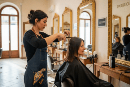 Parrucchiere alle prese con il taglio di un caschetto lungo su una cliente nel suo salone