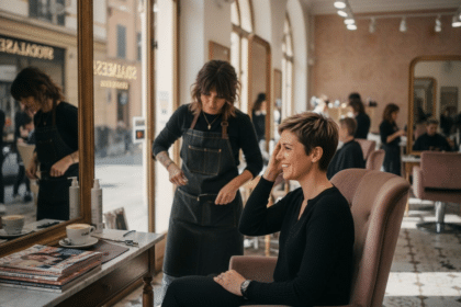Donna seduta sulla poltrona del parrucchiere con un taglio pixie moderno