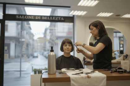 Parrucchiere che rifinisce un caschetto corto in salone