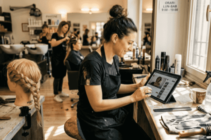 Un parrucchiere che sfoglia ispirazioni e nuove tendenze per capelli sulle piattaforme online direttamente dalla sua postazione in salone.