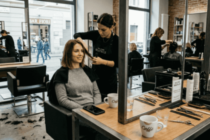 Signora con taglio medio mentre si prende cura dei capelli in un salone dal design contemporaneo.