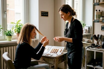 Parrucchiere che consiglia la cliente nella scelta di tonalità calde per i capelli