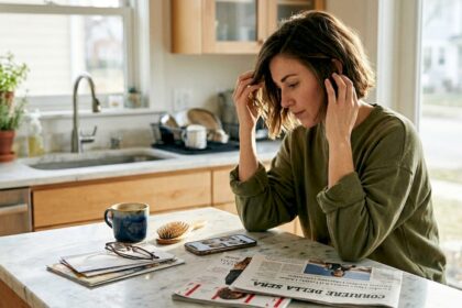 Donna con un caschetto moderno nella cucina di casa, in un ambiente informale