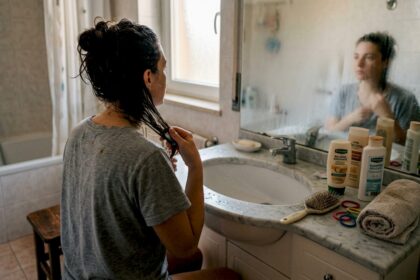 Una donna si prende cura dei suoi capelli nella tranquillità del bagno di casa.