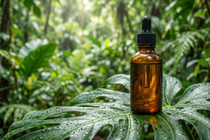 Bottiglia di olio di batana naturale per la crescita dei capelli nella foresta tropicale