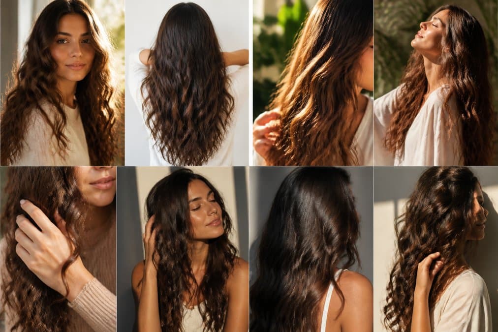 Donna con capelli lunghi, ondulati e luminosi che si tocca i capelli con gesto naturale e consapevole, in luce naturale dorata che evidenzia la texture e la lucentezza naturale