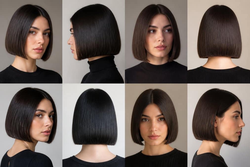 Donna con bob classico pari e simmetrico, taglio netto alla mandibola, capelli lisci e lucidi in studio fotografico con sfondo neutro