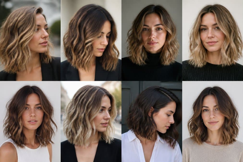 Donna con long bob che raggiunge la clavicola, capelli mossi e voluminosi in look contemporaneo, inquadratura dal collo in su con illuminazione naturale