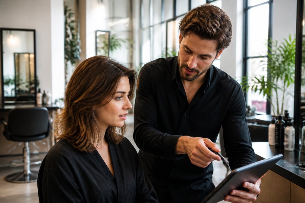 Donna in consultazione dal parrucchiere che mostra foto di ispirazioni su un tablet, discutendo il taglio ideale con il professionista in uno studio luminoso